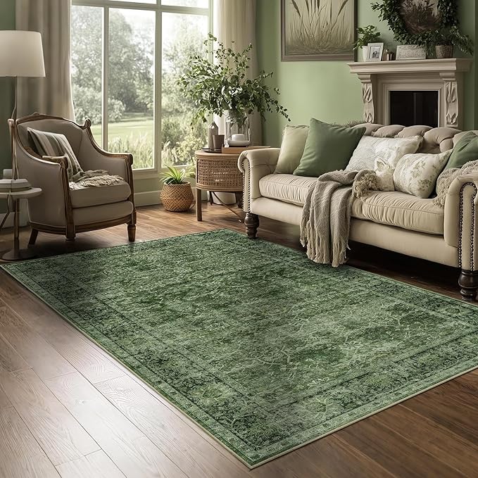4x6 Washable Area Rug for Living Room Bedroom Dining Room Non-Slip Low Pile Boho Vintage Distressed Entryway Rug Traditional Floral Retro Accent Throw Carpet for Dining Room Bathroom Kitchen Green