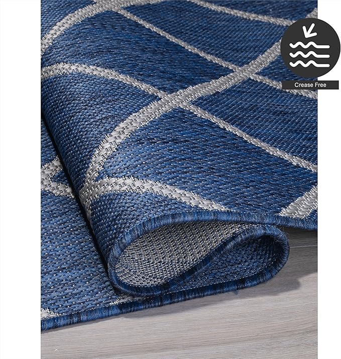 FH Home Flat Woven Outdoor Rug - Waterproof, Easy to Clean, Stain Resistant - Premium Polypropylene Yarn - Moroccan Geo Lattice - Patio,Deck,Porch,Balcony,Laundry - Tunis - Blue - 3ft 11 in x 5ft 6in