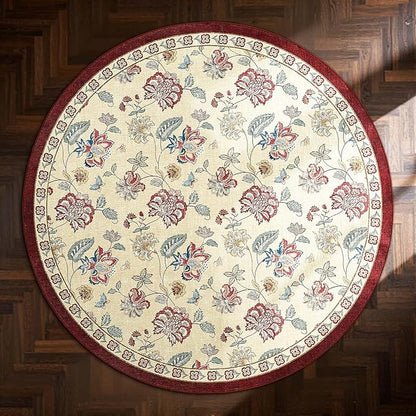 jinchan Elora 4ft Floral Round Rug for Entryway Washable Kitchen Rug Vintage Romance Design Non Slip Indoor Doormat Lightweight Low-Profile Throw Carpet for Living Room Dining Room Bedroom, Red/Beige