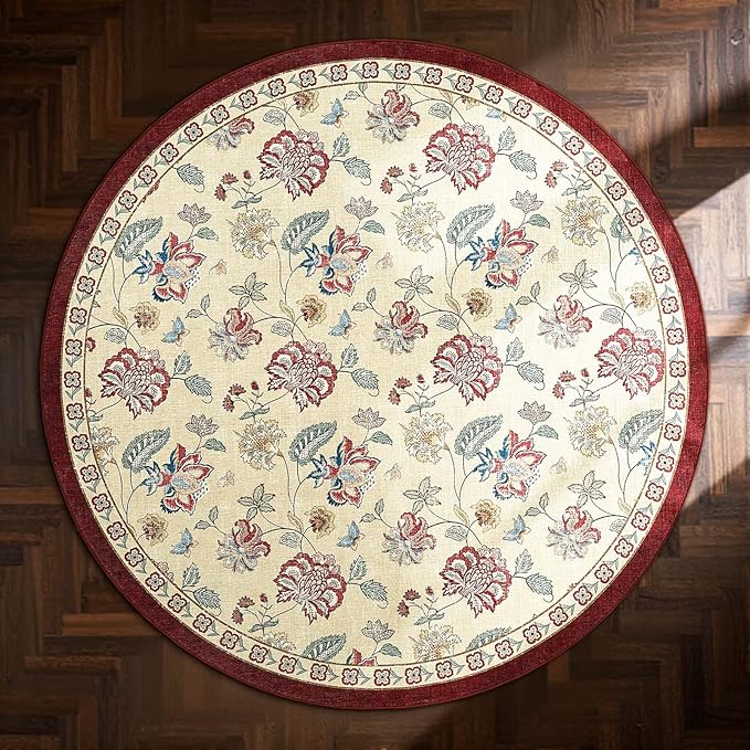 jinchan Elora 6ft Floral Round Rug for Dining Room Washable Living Room Rug Vintage Romance Design Non Slip Indoor Floor Cover Lightweight Low-Profile Throw Carpet for Bedroom Porch Patio, Red/Beige