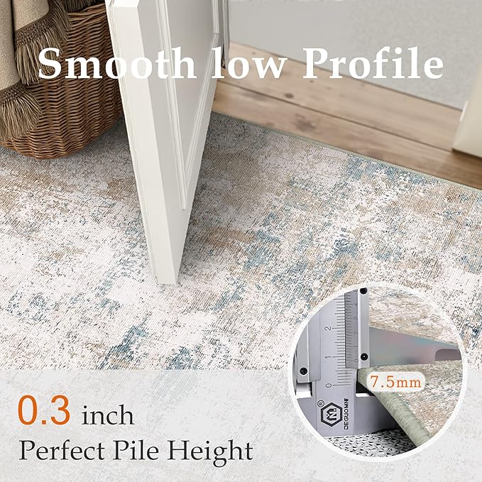 5x7 Washable Area Rug Beige Blue Abstract Living Room Bedroom Throw Rug Neutral Modern Non Slip Soft Low Pile Carpet for Kitchen Dining Room Office Entryway