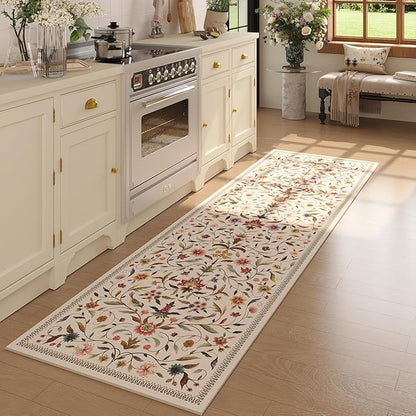 Vintage Medallion Floral Kitchen Runner 2x6, Machine Washable Rug, Soft Low Pile, Non-Slip Carpet for Hallways, Laundry, Bedroom, Bathroom, Entryway | Beige