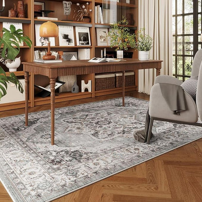 Rugcomf Vintage Medallion 4'x6' Rug - Machine Washable Area Rug, Non-Slip Low Pile Boho Carpet for Girl/Boys Room, Living Room, Kids, Entry - Grey and White