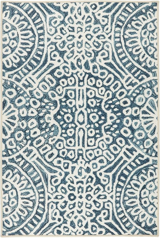 Dash and Albert Temple Ink Machine Washable Area Rug - 6' x 9' Blue - Geometric Accent Rug - Anti-Slip Backing, Lightweight, Machine Washable, High Traffic Areas Kitchen, Mudroom, Laundry Room