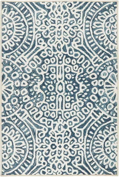 Dash and Albert Temple Ink Machine Washable Area Rug - 3' x 5' Blue - Geometric Accent Rug - Anti-Slip Backing, Lightweight, Machine Washable, High Traffic Areas Kitchen, Mudroom, Laundry Room