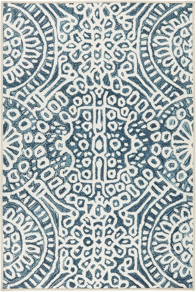 Dash and Albert Temple Ink Machine Washable Area Rug - 2' x 3' Blue - Geometric Accent Rug - Anti-Slip Backing, Lightweight, Machine Washable, High Traffic Areas Kitchen, Mudroom, Laundry Room