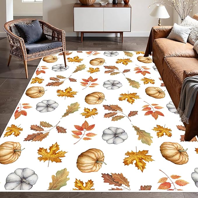 Pumpkin Area Rug, 3x5ft, Fun Vibrant Autumn Harvest Fallen Leaves Pumpkin Plant White Fall Porch Rug, Sturdy Non Slip Easy-Washing Fall Decorations for Home Bedroom