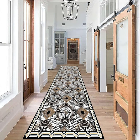 Abstract Black White Geometric Runner Rug, 2x7ft, Luxury Greek Key Rugs for Home Decorative, Greek Spiral Texture Home Decor Non Slip Rugs, Washable Soft Reduce Noise Mat for Bedroom