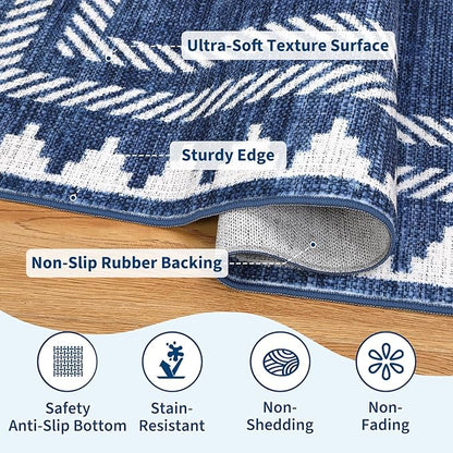 Foldable 5x7 Non Slip Area Rugs for Living Room Dining Room Modern Geometric Washable Non-Shedding Soft Indoor Carpet Bordered Printed Stain Resistant Bedroom Low Pile Rugs, Blue
