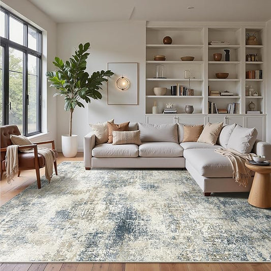 Bavni 8x10 Area Rugs Machine Washable Rug for Living Room, Modern Printed Rug Indoor Soft Area Rug for Bedroom Dining Room, Ultra-Thin Low Pile Carpet with Non Slip Rubber Backing, Gray Beige Blue
