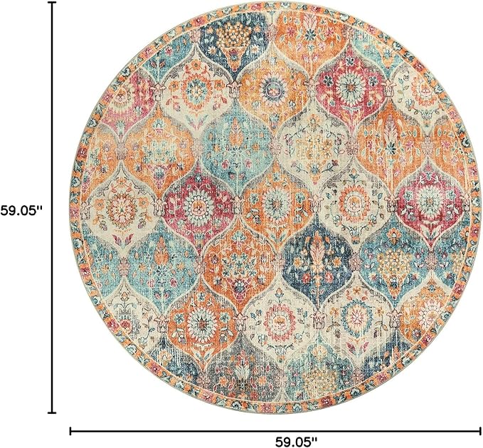 Lahome Moroccan Trellis Washable Round Area Rug, Round Rug 5ft Soft Non-Slip, Non-Shedding Distressed Circle Carpet for Bedroom Living Room Bathroom Nursery Kitchen, Cream/Multi