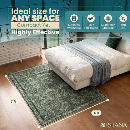 Istana 5x7 Area Rug - Dark Green Rugs for Living Room 5x7 - Foldable Rugs for Bedroom - Stain Resistant Washable Rug - Eco-Friendly Boho Area Rugs - Easy to Clean Living Room Rug