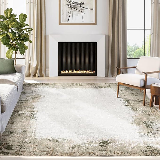 Abani Beige with Green Border Washable Area Rug – 2' x 3' – Classic Textured Design – Ivy Collection – Non-Shedding, Easy to Clean – Durable for High Traffic Areas – Living Room & Bedroom