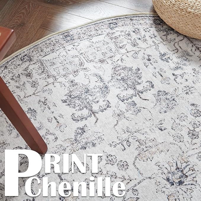 jinchan Kalen Round Rug 4ft Area Rug Washable Vintage Indoor Retro Entryway Floor Cover Distressed Gray Floral 4' Round Circle Boho Non Slip Thin Carpet for Bedroom Living Room Dining Room Grey