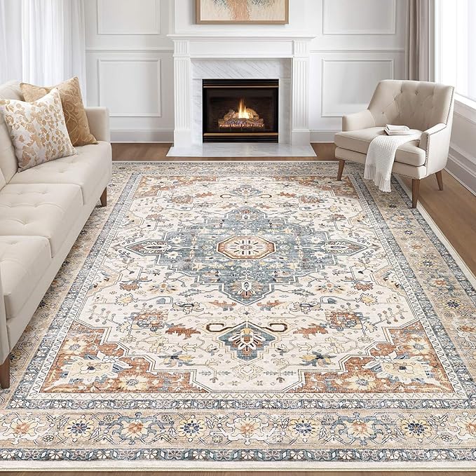 12x18 Rug Living Room: Washable Boho Large Neutral Vintage Soft Area Rug Stain Resistant Distressed Non-Slip Indoor Floor Carpet for Bedroom Nursery Playroom Office Dining Room- Beige Blue