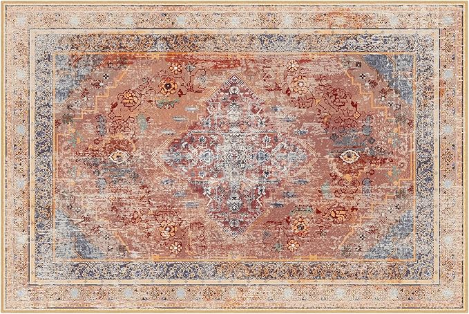 Phantoscope Washable Area Rug 8'x10' Non-Slip, Vintage Neutral Fall Rugs for Living Room, Bedroom, Dining Room, Distressed Boho Medallion Pattern, Low-Pile Foldable Floor Carpet, Rust Orange