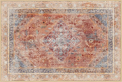 Phantoscope Washable Area Rug 8'x10' Non-Slip, Vintage Neutral Fall Rugs for Living Room, Bedroom, Dining Room, Distressed Boho Medallion Pattern, Low-Pile Foldable Floor Carpet, Rust Orange