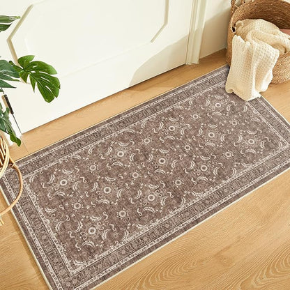 WITSHOCK Washable 2x4 Entryway Area Rug, Soft Non-Slip Rugs Vintage Flower Accent Small Rugs for Bedroom, Kitchen, Living Room, Nursery Entrance, Dark Brown