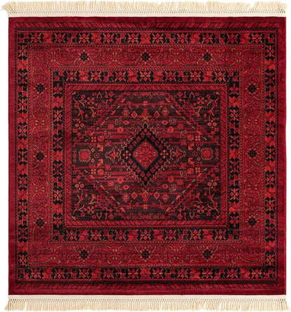Unique Loom Tekke Collection Area Rug - Sheibani (5' 3" Square, Red/ Black)