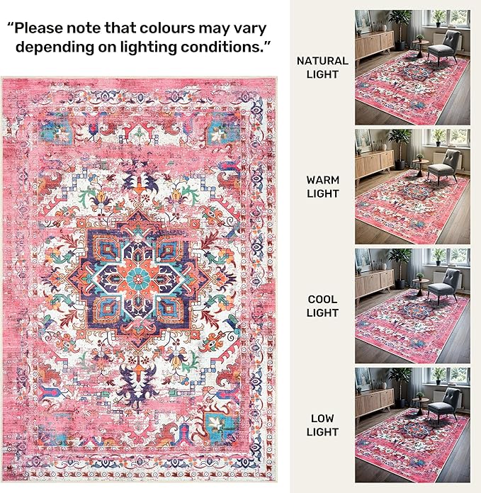 GLN Rugs Traditional Collection - Machine Washable Area Rug, Traditional Washable, Non Slip, Low Pile Chenille Rug, Living Room, Bedroom, Kitchen Rug (5' x 7' Pink/Multicolor)