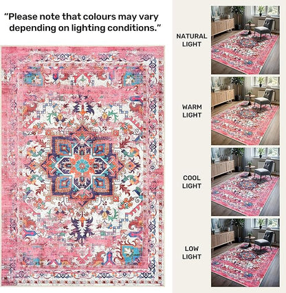 GLN Rugs Traditional Collection - Machine Washable Area Rug, Traditional Washable, Non Slip, Low Pile Chenille Rug, Living Room, Bedroom, Kitchen Rug (3' x 5' Pink/Multicolor)