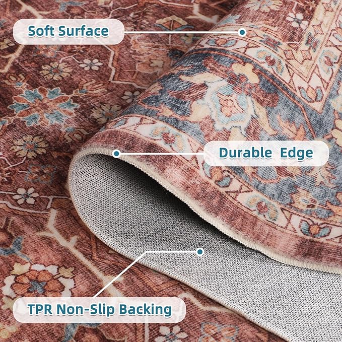 Dripex Washable Area Rug 6x9 Living Room Rug Stain & Water Resistant Foldable Thin Vintage Rugs Bedroom Rug Floor Carpet for Dining Room Kitchen Bathroom Farmhouse Office
