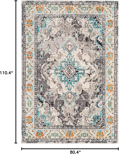 SAFAVIEH Monaco Collection Area Rug - 6'7" x 9'2", Grey & Light Blue, Boho Chic Medallion Distressed Design, Non-Shedding & Easy Care, Ideal for High Traffic Areas in Living Room, Bedroom (MNC243G)