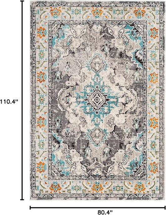 SAFAVIEH Monaco Collection Area Rug - 6'7" x 9'2", Grey & Light Blue, Boho Chic Medallion Distressed Design, Non-Shedding & Easy Care, Ideal for High Traffic Areas in Living Room, Bedroom (MNC243G)