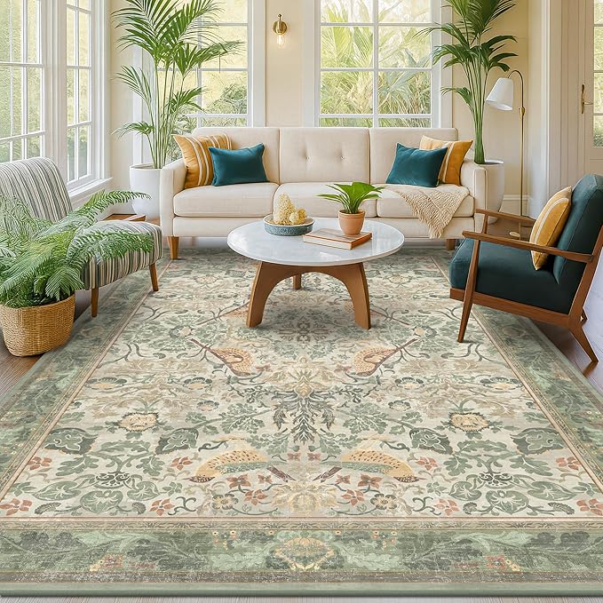 Washable Living Room Rug 6x9 - Sage Floral Nature Rugs for Bedroom, Dining Room Kitchen Table Rug for Under Table, Office, Stain Resistant Non-Slip Large - Sage Green