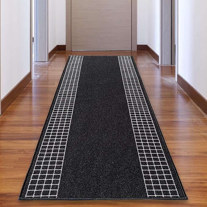 Custom Made Runner Rug for Kitchen Foyer Hallway Entry Choose Your Length 26 Inch Wide Geometric Checkered Design Black Color (41 feet x 26 inch)