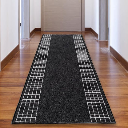Custom Made Runner Rug for Kitchen Foyer Hallway Entry Choose Your Length 31 Inch Wide Geometric Checkered Design Black Color (24 feet x 31 Inch)