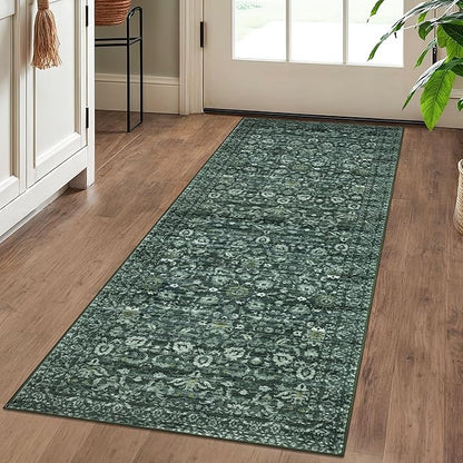 Vintage Floral 2x5 Runner, Dark Green Washable Hallway Runner, Non-Slip Kitchen Runner, Super Soft Thin Printed Faux Wool Carpet for Entryway, Front Door, Backdoor Bedside