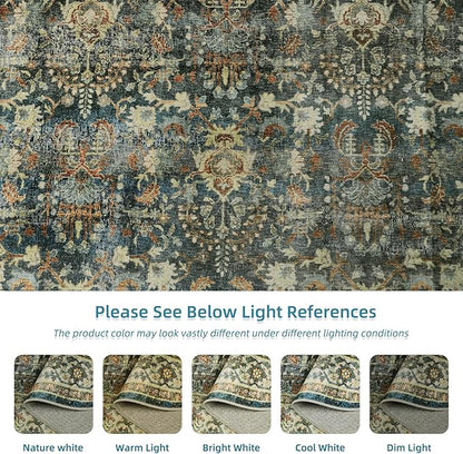 Dripex Vintage Washable Area Rug - 5x8 Distressed Rugs for Living Room Bedroom Oriental Medallion Floral Print Carpet Low-Pile Indoor Soft Non-Slip Accent Rug Farmhouse Office Home Decor