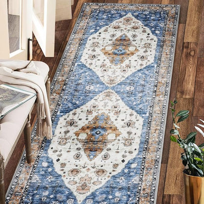 COMSLE Boho Runner Rug, 2' x 8' Washable Area Rugs for Hallway Faux Wool Small Kitchen Distressed Throw Rug Non-Slip Laundry Room Carpet Runner for Entryway Indoor Door Mat Bedroom