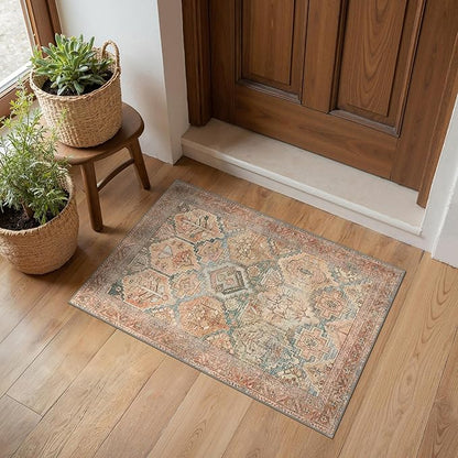 Bavni 2x3 Entryway Rug Bathroom Rugs for Front Door Bedroom Bathroom Kitchen, Washable Vintage Print Carpet, Ultra-Thin Chenille Lightweight Rug with Non Slip Backing, Clay
