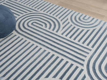 Annabel Modern Geometric Runner Rug for Kitchen, 2x7 Contemporary Arched and Linear Blue Runner, High-Low Pile Stain Resistant Carpet for Bedroom, Hallway or Entryway (2' x 7', Blue)