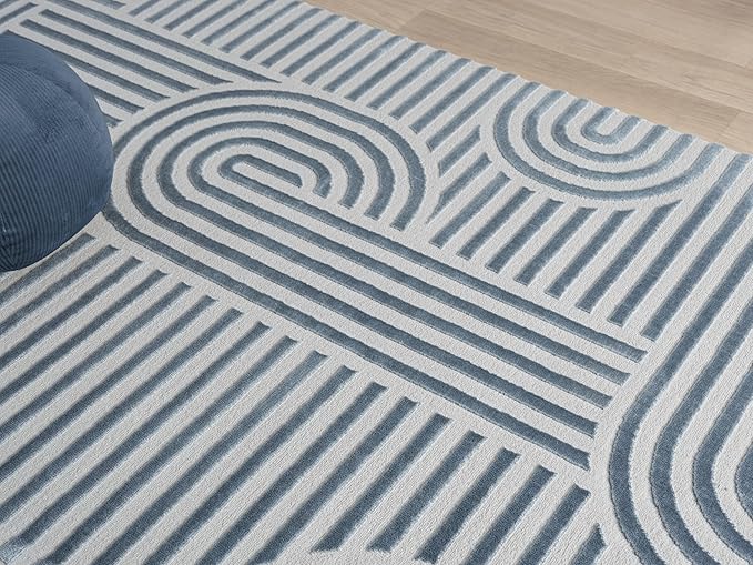 Annabel Modern Geometric Area Rug for Living Room, 5x7 Contemporary Arched and Linear Blue Rug, High-Low Pile Stain Resistant Carpet for Bedroom, Dining Room or Kitchen (5' x 7', Blue)