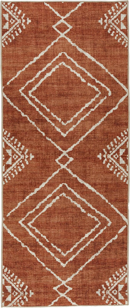 ReaLife Rugs Machine Washable Area Rug Runner - Living Room Bedroom Bathroom Kitchen Entryway Office - Padded Low Pile Stain Resistant Premium - Moroccan Diamond Tribal - Jax - Orange 2'6" x 6'