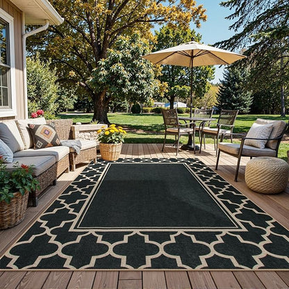 Moynesa Moroccan Easy Jute Outdoor Rug 8x10, Black Washable Living Room Rug Indoor Outdoor Patio Rug Non Slip, Geometric Farmhouse Carpet for Backyard Bedroom Dining Room
