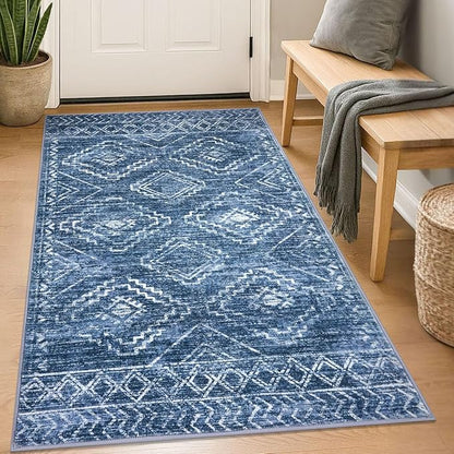 KILOCOCO Boho Entryway Rug 3x5 Area Rug Washable Non Slip Printed Throw Rugs Soft for Kitchen Living Room Dining Bedroom Geometric Moroccan Carpet, Stonewashed Blue