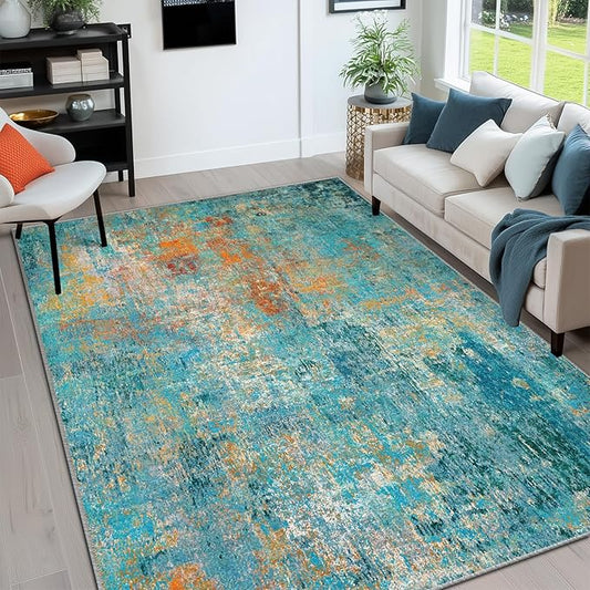 Washable Area Rugs 6'x8' Non-Slip Modern Abstract Soft for Living Room Entryway Bedroom Nursery, Print Pattern, Teal Blue Green Orange Rust Red Colorful