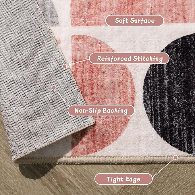 MUJOO Pink Rug Boho Washable,3x5 Area Rugs for Bedroom Entryway Living Room Bedside,Small Throw Floor Carpet Non Slip Soft Indoor Modern Abstract Pink and Grey