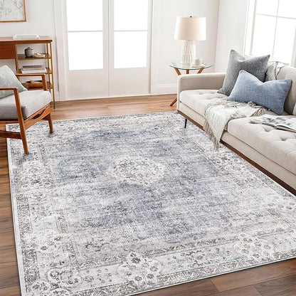 Washable Area Rug 3'x5' Vintage Traditional Floor Cover Foldable Thin Rugs Retro Kitchen Indoor Distressed Non Slip Carpet Floral Print Mat Bedroom Living Room