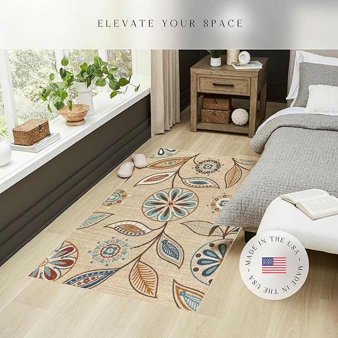 Maples Rugs Reggie Floral Area Rug - Made in USA - Washable, Non Slip, Pet-Friendly Mats for Living Room, Bedroom, and Office, 3'4 x 5, Beige