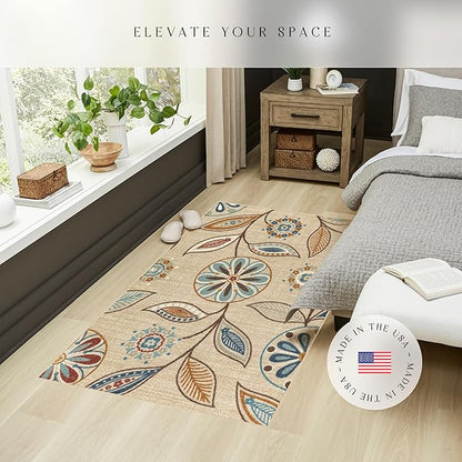 Maples Rugs Reggie Floral Area Rug - Made in USA - Washable, Non Slip, Pet-Friendly Mats for Living Room, Bedroom, and Office, 3'4 x 5, Beige