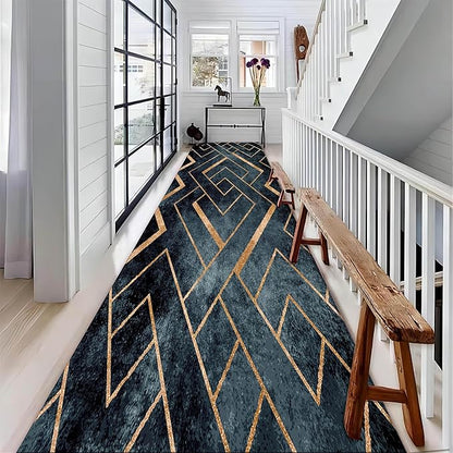 Navy Blue Gold Geometric Rug Runners for Hallways, 3.3x10ft, Modern Gold Line Indoor Carpet, Minimalist Art Durable Fade Resistant Rugs, Anti-Skid High Traffic Rugs for Kitchen LaundryRoom