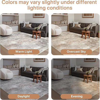 GENIMO Washable 6x9 Area Rugs for Living Room, Non Slip Modern Abstract Rug, Machine Washable Stain Resistant Low Pile Soft Carpet for Bedroom, Dining, Office, Light Grey Brown