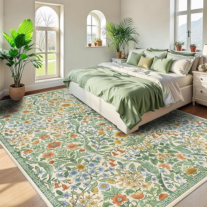 8x10 Washable Area Rug for Living Room, Large Vintage Grass Green Floral Rugs, Soft Non-Slip Stain Resistant Boho Lightweight Carpet for Bedroom Dining Room Nursery Home Office