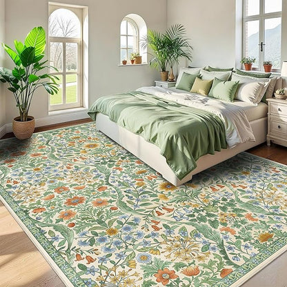 9x12 Grass Green Vintage Floral Area Rug,Washable Large Boho Living Room Rugs,Botanical Print Non-Slip Stain Resistant Lightweight Carpet for Bedroom Dining Room Nursery