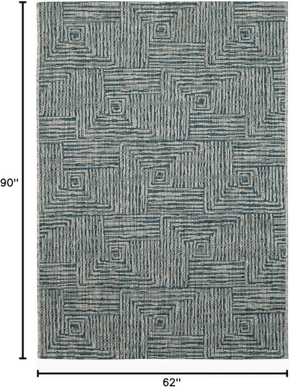 FH Home Outdoor Rug - Waterproof Easy to Clean Stain Resistant - Patio Indoor Outdoor Porch Deck Balcony Entryway - Geometric Modern - Budapest - Aqua - 5ft 2in x 7ft 6in